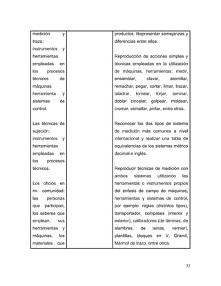 32
medición y
trazo:
instrumentos y
herramientas
empleadas en
los procesos
técnicos de
máquinas
herramienta y
sistemas de
control.
Las técnicas de
sujeción:
instrumentos y
herramientas
empleadas en
los procesos
técnicos.
Los oficios en
mi comunidad:
las personas
que participan,
los saberes que
emplean, sus
herramientas y
máquinas, los
materiales que
productos. Representar semejanzas y
diferencias entre ellos.
Reproducción de acciones simples y
técnicas empleadas en la utilización
de máquinas, herramientas: medir,
ensamblar, clavar, atornillar,
remachar, pegar, cortar, limar, trazar,
taladrar, tornear, forjar, laminar,
doblar cincelar, golpear, moldear,
cromar, esmaltar, pintar, entre otros.
Reconocer los dos tipos de sistema
de medición más comunes a nivel
internacional y realizar una tabla de
equivalencias de los sistemas métrico
decimal e inglés.
Reproducir técnicas de medición con
ambos sistemas utilizando las
herramientas o instrumentos propios
del énfasis de campo de máquinas,
herramientas y sistemas de control,
por ejemplo: reglas (distintos tipos),
transportador, compases (interior y
exterior), calibradores (de láminas, de
alambres, de lainas, vernier),
plantillas, bloques en V, Gramil,
Mármol de trazo, entre otros.
 
