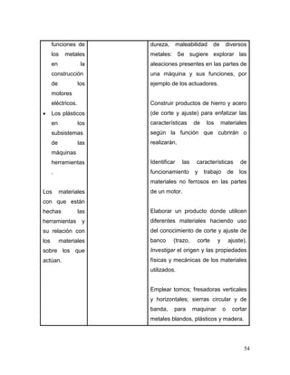 54
funciones de
los metales
en la
construcción
de los
motores
eléctricos.
 Los plásticos
en los
subsistemas
de las
máquinas
herramientas
.
Los materiales
con que están
hechas las
herramientas y
su relación con
los materiales
sobre los que
actúan.
dureza, maleabilidad de diversos
metales: Se sugiere explorar las
aleaciones presentes en las partes de
una máquina y sus funciones, por
ejemplo de los actuadores.
Construir productos de hierro y acero
(de corte y ajuste) para enfatizar las
características de los materiales
según la función que cubrirán o
realizarán.
Identificar las características de
funcionamiento y trabajo de los
materiales no ferrosos en las partes
de un motor.
Elaborar un producto donde utilicen
diferentes materiales haciendo uso
del conocimiento de corte y ajuste de
banco (trazo, corte y ajuste).
Investigar el origen y las propiedades
físicas y mecánicas de los materiales
utilizados.
Emplear tornos; fresadoras verticales
y horizontales; sierras circular y de
banda, para maquinar o cortar
metales blandos, plásticos y madera.
 