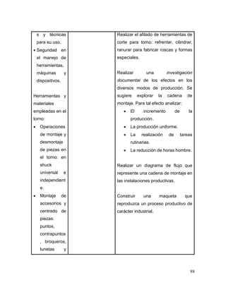 88
s y técnicas
para su uso.
 Seguridad en
el manejo de
herramientas,
máquinas y
dispositivos.
Herramientas y
materiales
empleadas en el
torno:
 Operaciones
de montaje y
desmontaje
de piezas en
el torno: en
shuck
universal e
independient
e.
 Montaje de
accesorios y
centrado de
piezas:
puntos,
contrapuntos
, broqueros,
lunetas y
Realizar el afilado de herramientas de
corte para torno: refrentar, cilindrar,
ranurar para fabricar roscas y formas
especiales.
Realizar una investigación
documental de los efectos en los
diversos modos de producción. Se
sugiere explorar la cadena de
montaje. Para tal efecto analizar:
 El incremento de la
producción.
 La producción uniforme.
 La realización de tareas
rutinarias.
 La reducción de horas hombre.
Realizar un diagrama de flujo que
represente una cadena de montaje en
las instalaciones productivas.
Construir una maqueta que
reproduzca un proceso productivo de
carácter industrial.
 