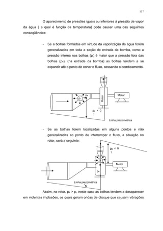 137
O aparecimento de pressões iguais ou inferiores à pressão de vapor
da água ( a qual é função da temperatura) pode causar uma das seguintes
conseqüências:
- Se a bolhas formadas em virtude da vaporização da água forem
generalizadas em toda a seção de entrada da bomba, como a
pressão interna nas bolhas (pi) é maior que a pressão fora das
bolhas (pe), (na entrada da bomba) as bolhas tendem a se
expandir até o ponto de cortar o fluxo, cessando o bombeamento.
- Se as bolhas forem localizadas em alguns pontos e não
generalizadas ao ponto de interromper o fluxo, a situação no
rotor, será a seguinte:
Assim, no rotor, pe > pi, neste caso as bolhas tendem a desaparecer
em violentas implosões, os quais geram ondas de choque que causam vibrações
Rotor
pe
pi
Motor
pe < 0
Linha piezométrica
pe
pi
Motor
pe < 0
Linha piezométrica
 