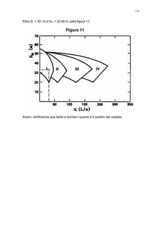 175
Para Q = 30 l/s e Hm = 32,48 m, pela figura 11:
Assim, verificamos que tanto a bomba I quanto a II podem ser usadas.
 