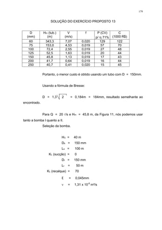 179
SOLUÇÃO DO EXERCÍCIO PROPOSTO 13
D
(mm)
Hm (tub.)
(m)
V
(m/s)
f P (CV)
p/ 71%
C
(1000 R$)
60 343,3 7,07 0,020 129 122
75 153,0 4,53 0,019 57 70
100 72,4 2,55 0,019 27 48
125 52,5 1,63 0,019 20 44
150 45,8 1,13 0,019 17 43
200 41,7 0,64 0,019 16 44
250 40,7 0,41 0,020 15 45
Portanto, o menor custo é obtido usando um tubo com D = 150mm.
Usando a fórmula de Bresse:
D = 1,3 2 = 0,184m = 184mm, resultado semelhante ao
encontrado.
Para Q = 20 l/s e Hm = 45,8 m, da Figura 11, nós podemos usar
tanto a bomba I quanto a II.
Seleção da bomba.
HG = 40 m
Ds = 150 mm
Ls = 100 m
KL (sucção) = 0
Dr = 150 mm
Lr = 50 m
KL (recalque) = 70
= 0,045mm
= 1,31 x 10-6
m²/s
 