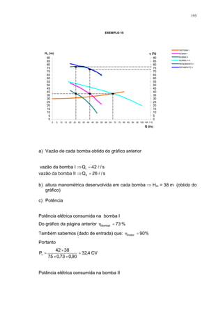 193
EXEMPLO 19
0
5
10
15
20
25
30
35
40
45
50
55
60
65
70
75
80
85
90
0 5 10 15 20 25 30 35 40 45 50 55 60 65 70 75 80 85 90 95 100 105 110
Q (l/s)
Hm (m)
0
5
10
15
20
25
30
35
40
45
50
55
60
65
70
75
80
85
90
(%)
SISTEMA I
BOMBA I
BOMBA II
BOMBA I+II
RENDIMENTO I
REDIMENTO II
a) Vazão de cada bomba obtido do gráfico anterior
vazão da bomba I s/42QI l=
vazão da bomba II s/26QII l=
b) altura manométrica desenvolvida em cada bomba Hm = 38 m (obtido do
gráfico)
c) Potência
Potência elétrica consumida na bomba I
Do gráfico da página anterior %73BombaI =
Também sabemos (dado de entrada) que: %90motor =
Portanto
CV4,32
90,073,075
3842
PI =
××
×
=
Potência elétrica consumida na bomba II
 