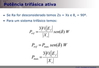 Potência trifásica ativa Se Ra for desconsiderado temos Zs = Xs e  θ s  = 90 º. Para um sistema trifásico temos: 