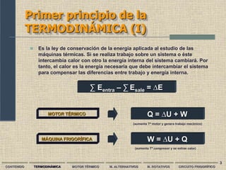 3
Primer principio de la
TERMODINÁMICA (I)
 Es la ley de conservación de la energía aplicada al estudio de las
máquinas térmicas. Si se realiza trabajo sobre un sistema o éste
intercambia calor con otro la energía interna del sistema cambiará. Por
tanto, el calor es la energía necesaria que debe intercambiar el sistema
para compensar las diferencias entre trabajo y energía interna.
CONTENIDO TERMODINÁMICA MOTOR TÉRMICO M. ALTERNATIVOS M. ROTATIVOS CIRCUITO FRIGORÍFICO
∑ Eentra – ∑ Esale = ∆E
MOTOR TÉRMICO
MÁQUINA FRIGORÍFICA
Q = ∆U + W
W = ∆U + Q
(aumenta Tª motor y genera trabajo mecánico)
(aumenta Tª compresor y se extrae calor)
 