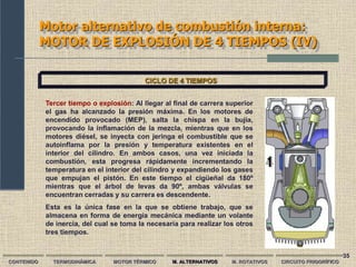 35
Motor alternativo de combustión interna:
MOTOR DE EXPLOSIÓN DE 4 TIEMPOS (IV)
CONTENIDO TERMODINÁMICA MOTOR TÉRMICO M. ALTERNATIVOS M. ROTATIVOS CIRCUITO FRIGORÍFICO
CICLO DE 4 TIEMPOS
Tercer tiempo o explosión: Al llegar al final de carrera superior
el gas ha alcanzado la presión máxima. En los motores de
encendido provocado (MEP), salta la chispa en la bujía,
provocando la inflamación de la mezcla, mientras que en los
motores diésel, se inyecta con jeringa el combustible que se
autoinflama por la presión y temperatura existentes en el
interior del cilindro. En ambos casos, una vez iniciada la
combustión, esta progresa rápidamente incrementando la
temperatura en el interior del cilindro y expandiendo los gases
que empujan el pistón. En este tiempo el cigüeñal da 180º
mientras que el árbol de levas da 90º, ambas válvulas se
encuentran cerradas y su carrera es descendente.
Esta es la única fase en la que se obtiene trabajo, que se
almacena en forma de energía mecánica mediante un volante
de inercia, del cual se toma la necesaria para realizar los otros
tres tiempos.
 