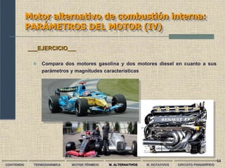 54
Motor alternativo de combustión interna:
PARÁMETROS DEL MOTOR (IV)
CONTENIDO TERMODINÁMICA MOTOR TÉRMICO M. ALTERNATIVOS M. ROTATIVOS CIRCUITO FRIGORÍFICO
 Compara dos motores gasolina y dos motores diesel en cuanto a sus
parámetros y magnitudes características
___EJERCICIO___
 