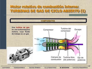 67
Motor rotativo de combustión interna:
TURBINAS DE GAS DE CICLO ABIERTO (I)
CONTENIDO TERMODINÁMICA MOTOR TÉRMICO M. ALTERNATIVOS M. ROTATIVOS CIRCUITO FRIGORÍFICO
COMPONENTES
Una turbina de gas,
es una turbomáquina
motora, cuyo fluido
de trabajo es un gas
 