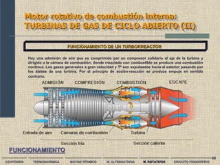 68
Motor rotativo de combustión interna:
TURBINAS DE GAS DE CICLO ABIERTO (II)
CONTENIDO TERMODINÁMICA MOTOR TÉRMICO M. ALTERNATIVOS M. ROTATIVOS CIRCUITO FRIGORÍFICO
FUNCIONAMIENTO DE UN TURBORREACTOR
Hay una admisión de aire que es comprimido por un compresor solidario al eje de la turbina y
dirigido a la cámara de combustión, donde mezclado con combustible se produce una combustión
continua. Los gases generados a gran velocidad y Tª son expulsados hacia el exterior pasando por
los álabes de una turbina. Por el principio de acción-reacción se produce empuje en sentido
contrario.
FUNCIONAMIENTO
 