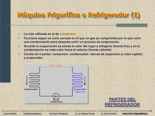 71
Máquina Frigorífica o Refrigerador (I)
CONTENIDO TERMODINÁMICA MOTOR TÉRMICO M. ALTERNATIVOS M. ROTATIVOS CIRCUITO FRIGORÍFICO
 La más utilizada es la de compresor.
 Funciona según un ciclo cerrado en el que un gas es comprimido por lo que sufre
una condensación para después sufrir un proceso de evaporación.
 Durante la evaporación se extrae el calor del lugar a refrigerar (fuente fría) y en la
condensación se cede calor hacia el exterior (fuente caliente)
 Consta de 4 partes: compresor, condensador, válvula de expansión (o tubo capilar)
y evaporador.
PARTES DEL
REFRIGERADOR
 