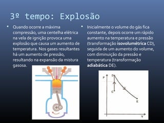 3º tempo: Explosão
 Quando ocorre a máxima

compressão, uma centelha elétrica
na vela de ignição provoca uma
explosão que causa um aumento de
temperatura. Nos gases resultantes
há um aumento de pressão,
resultando na expansão da mistura
gasosa.

 Inicialmente o volume do gás fica

constante, depois ocorre um rápido
aumento na temperatura e pressão
(transformação isovolumétrica CD),
seguida de um aumento do volume,
com diminuição da pressão e
temperatura (transformação
adiabática DE).

 