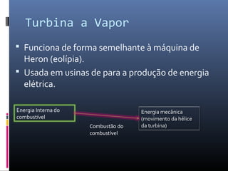 Turbina a Vapor
 Funciona de forma semelhante à máquina de

Heron (eolípia).
 Usada em usinas de para a produção de energia
elétrica.
Energia Interna do
combustível
Combustão do
combustível

Energia mecânica
(movimento da hélice
da turbina)

 