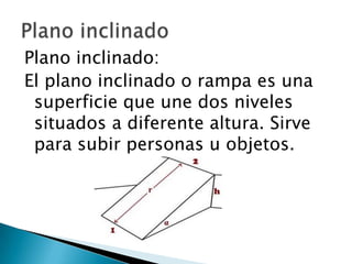 Plano inclinado:
El plano inclinado o rampa es una
superficie que une dos niveles
situados a diferente altura. Sirve
para subir personas u objetos.

 