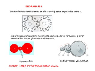 ENGRANAJES Son ruedas que tienen dientes en el exterior y están engarzados entre sí. Se utilizan para transmitir movimiento giratorio, de tal forma que, al girar una de ellas, la otra gira en sentido contario  Engranaje loco REDUCTOR DE VELOCIDAD FUENTE:  LIBRO 1º ESO TECNOLOGÍAS ANAYA . 