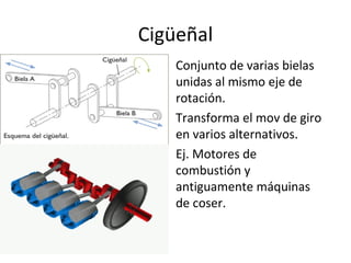 Cigüeñal
Conjunto de varias bielas
unidas al mismo eje de
rotación.
Transforma el mov de giro
en varios alternativos.
Ej. Motores de
combustión y
antiguamente máquinas
de coser.
 