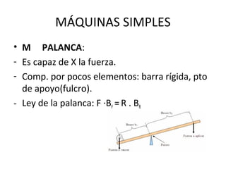 MÁQUINAS SIMPLES
• M PALANCA:
- Es capaz de X la fuerza.
- Comp. por pocos elementos: barra rígida, pto
de apoyo(fulcro).
- Ley de la palanca: F ·BF = R . BR
 