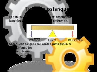 Tipus de palanques En tota palanca hi ha tres elements fonamentals: la potència, el punt de suport i la resistència. Potencia  Fulcre  Resistència Segons con estiguen col·locats aquets punts, hi ha palanques de:  Primer gènere  Segon gènere  Tercer gènere 
