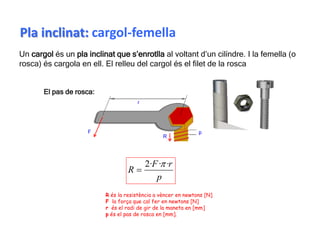 El pas de rosca:
R és la resistència a vèncer en newtons [N]
F la força que cal fer en newtons [N]
r és el radi de gir de la maneta en [mm]
p és el pas de rosca en [mm].
D 7
Un cargol és un pla inclinat que s’enrotlla al voltant d’un cilíndre. I la femella (o
rosca) és cargola en ell. El relleu del cargol és el filet de la rosca
Tecnologia III Màquines i mecanismes UNITAT 2 Màquines simples
p
r
F
R
·
·
·
2 

Pla inclinat: cargol-femella
 