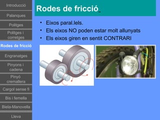 Գٰǻܳó
                   Rodes de fricció
   Palanques

    Politges
                   • Eixos paral.lels.
   Politges i      • Els eixos NO poden estar molt allunyats
   corretges       • Els eixos giren en sentit CONTRARI
Rodes de fricció

  Engranatges

   Pinyons i
    cadena
     Pinyó
   cremallera
 Cargol sense fi

  Bis i femella

Biela-Manovella

     Lleva
 