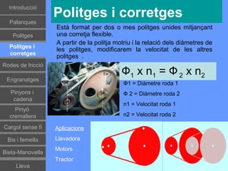 Introducció
                   Politges i corretges
  Palanques
                   Està format per dos o mes politges unides mitjançant
    Politges       una corretja flexible.
                   A partir de la politja motriu i la relació dels diàmetres de
  Politges i
                   les politges, modificarem la velocitat de les altres
  corretges
                   politges .
Rodes de fricció
                                            Ф1 x n1 = Ф 2 x n2
 Engranatges
                                            Ф1 = Diàmetre roda 1
   Pinyons i                                Ф 2 = Diàmetre roda 2
    cadena
                                            n1 = Velocitat roda 1
    Pinyó
  cremallera                                n2 = Velocitat roda 2

Cargol sense fi    Aplicacions

 Bis i femella     Llavadora
                   Motors
Biela-Manovella
                   Tractor
     Lleva
 
