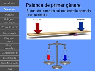 Introducció
                   Palanca de primer gènere
  Palanques
                   El punt de suport es col·loca entre la potencia
    Politges       i la resistència.
   Politges i
   corretges

Rodes de fricció

 Engranatges

   Pinyons i
    cadena
    Pinyó
  cremallera
Cargol sense fi

 Bis i femella

Biela-Manovella

     Lleva
 
