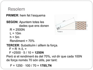 Resolem
PRIMER: hem fet l’esquema
SEGON: Apuntem totes les
dades que ens donen
R = 2500N
L = 10m
h = 5m
Rendiment = 70%
TERCER: Substituïm i aïllem la força.
F = R ·h /L =
F =2500 · 5 / 10 = 1250N
Però si el rendiment és del 70%, vol dir que cada 100N
de força només 70 són útils, per tant:
F = 1250 · 100 / 70 = 1785,7N
 