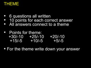 THEME 6 questions all written 10 points for each correct answer All answers connect to a theme Points for theme:  +30/-10  +25/-10  +20/-10 +15/-5  +10/-5  +5/-5  For the theme write down your answer 