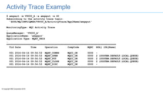© Copyright IBM Corporation 2016
Activity Trace Example
$ amqsact -m V9000_A -a amqsput -w 60
Subscribing to the activity trace topic:
'$SYS/MQ/INFO/QMGR/V9000_A/ActivityTrace/ApplName/amqsput'
MonitoringType: MQI Activity Trace
…
QueueManager: 'V9000_A'
ApplicationName: 'amqsput'
Application Type: MQAT_UNIX
…
=============================================================================
Tid Date Time Operation CompCode MQRC HObj (ObjName)
001 2016-04-14 09:56:53 MQXF_CONNX MQCC_OK 0000 -
001 2016-04-14 09:56:53 MQXF_OPEN MQCC_OK 0000 2 (SYSTEM.DEFAULT.LOCAL.QUEUE)
001 2016-04-14 09:56:53 MQXF_PUT MQCC_OK 0000 2 (SYSTEM.DEFAULT.LOCAL.QUEUE)
001 2016-04-14 09:56:53 MQXF_CLOSE MQCC_OK 0000 2 (SYSTEM.DEFAULT.LOCAL.QUEUE)
001 2016-04-14 09:56:53 MQXF_DISC MQCC_OK 0000 -
=============================================================================
 