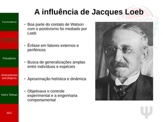 Ψ
A influência de Jacques Loeb
● Boa parte do contato de Watson
com o positivismo foi mediado por
Loeb
● Ênfase em fatores externos e
periféricos
● Busca de generalizações amplas
entre indivíduos e espécies
● Aproximação holística e dinâmica
● Objetivava o controle
experimental e a engenharia
comportamental
Funcionalismo
Positivismo e
neopositivismo
Fisicalismo
Antecedentes
psicológicos
Hull e Tolman
AEC
 