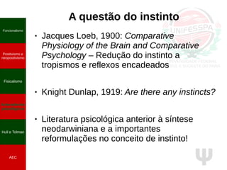 Ψ
A questão do instinto
Funcionalismo
Positivismo e
neopositivismo
Fisicalismo
Antecedentes
psicológicos
Hull e Tolman
AEC
● Jacques Loeb, 1900: Comparative
Physiology of the Brain and Comparative
Psychology – Redução do instinto a
tropismos e reflexos encadeados
● Knight Dunlap, 1919: Are there any instincts?
● Literatura psicológica anterior à síntese
neodarwiniana e a importantes
reformulações no conceito de instinto!
 