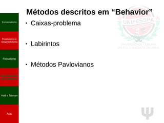 Ψ
Métodos descritos em “Behavior”
Funcionalismo
Positivismo e
neopositivismo
Fisicalismo
Antecedentes
psicológicos
Hull e Tolman
AEC
● Caixas-problema
● Labirintos
● Métodos Pavlovianos
 
