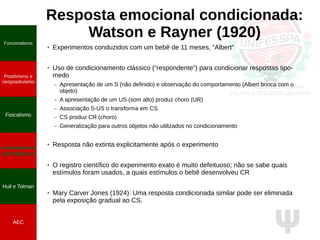 Ψ
Resposta emocional condicionada:
Watson e Rayner (1920)
● Experimentos conduzidos com um bebê de 11 meses, “Albert”
● Uso de condicionamento clássico (“respondente”) para condicionar respostas tipo-
medo
– Apresentação de um S (não definido) e observação do comportamento (Albert brinca com o
objeto)
– A apresentação de um US (som alto) produz choro (UR)
– Associação S-US o transforma em CS
– CS produz CR (choro)
– Generalização para outros objetos não utilizados no condicionamento
● Resposta não extinta explicitamente após o experimento
● O registro científico do experimento exato é muito defeituoso; não se sabe quais
estímulos foram usados, a quais estímulos o bebê desenvolveu CR
● Mary Carver Jones (1924): Uma resposta condicionada similar pode ser eliminada
pela exposição gradual ao CS.
Funcionalismo
Positivismo e
neopositivismo
Fisicalismo
Antecedentes
psicológicos
Hull e Tolman
AEC
 