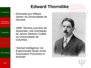 Ψ
Edward Thorndike
● Orientado por William
James na Universidade de
Harvard
● 1898: Termina sua tese de
doutorado, sob orientação
de James McKeen Cattell,
na Universidade de
Columbia
● “Animal Intelligence: An
Experimental Study of the
Associative Processes in
Animals”
Funcionalismo
Positivismo e
neopositivismo
Fisicalismo
Antecedentes
psicológicos
Hull e Tolman
AEC
 