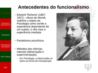 Ψ
Antecedentes do funcionalismo
● Edward Titchener (1867-
1927) – Aluno de Wundt,
redefine o objeto da
Psicologia como sendo a
experiência dependente de
um sujeito, e não mais a
experiência imediata
● Paralelismo psicofísico
● Métodos das ciências
naturais (observação e
experimentação)
– Em Psicologia, a observação se
daria na forma de introspecção
Funcionalismo
Positivismo e
neopositivismo
Fisicalismo
Antecedentes
psicológicos
Hull e Tolman
AEC
 