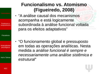 Ψ
Funcionalismo vs. Atomismo
(Figueiredo, 2008)
● “A análise causal dos mecanismos
acompanha e está logicamente
subordinada à análise funcional voltada
para os efeitos adaptativos”
● “O funcionamento global e pressuposto
em todas as operações analíticas. Nesta
medida a análise funcional é sempre e
necessariamente uma análise sistêmica e
estrutural”
Funcionalismo
Positivismo e
neopositivismo
Fisicalismo
Antecedentes
psicológicos
Hull e Tolman
AEC
 