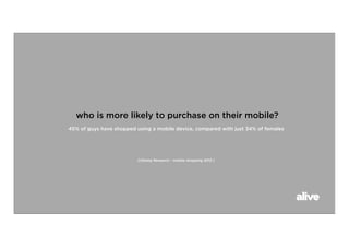 who is more likely to purchase on their mobile?
45% of guys have shopped using a mobile device, compared with just 34% of females




                          (USamp Research - mobile shopping 2012 )
 