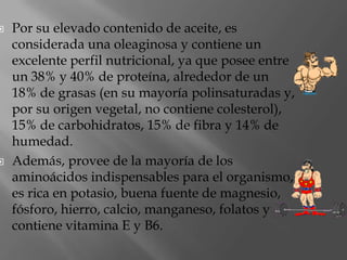 Por su elevado contenido de aceite, es considerada una oleaginosa y contiene un excelente perfil nutricional, ya que posee entre un 38% y 40% de proteína, alrededor de un 18% de grasas (en su mayoría polinsaturadas y, por su origen vegetal, no contiene colesterol), 15% de carbohidratos, 15% de fibra y 14% de humedad.Además, provee de la mayoría de los aminoácidos indispensables para el organismo, es rica en potasio, buena fuente de magnesio, fósforo, hierro, calcio, manganeso, folatos y contiene vitamina E y B6.