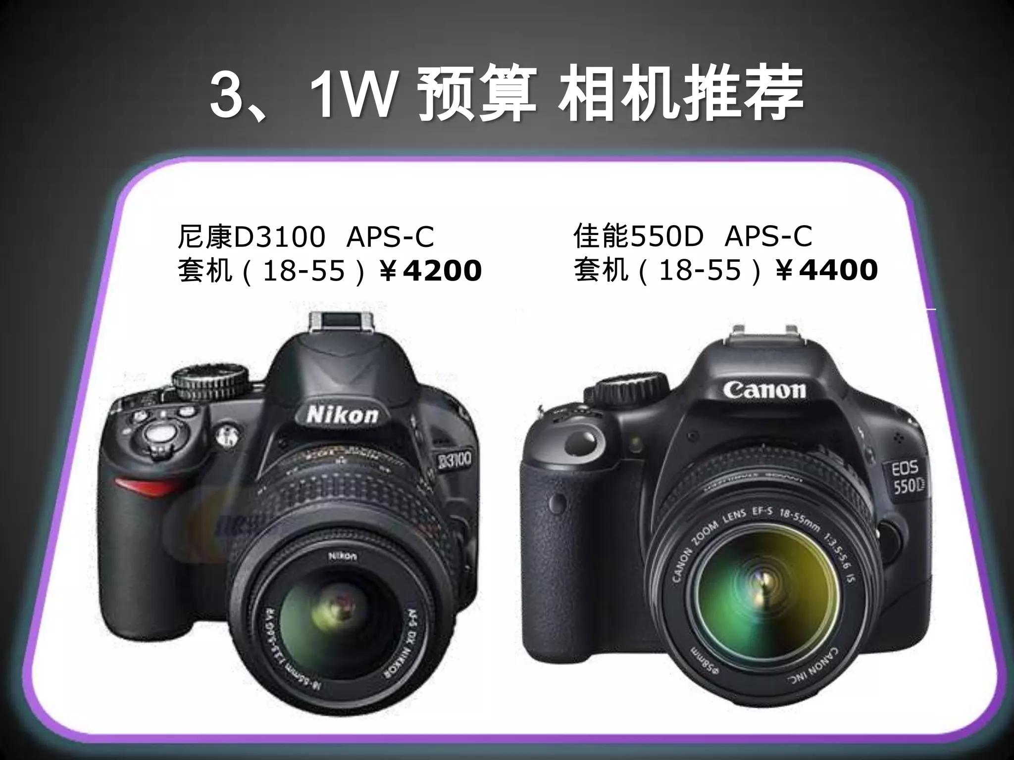 3、1W 预算 相机推荐

尼康D3100 APS-C    佳能550D APS-C
套机（18-55）￥4200   套机（18-55）￥4400
 