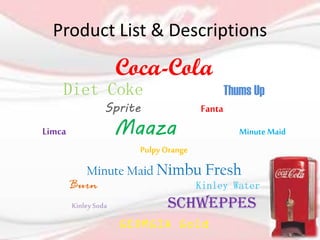 Product List & Descriptions
Coca-Cola
Diet Coke Thums Up
Sprite Fanta
Limca Maaza MinuteMaid
PulpyOrange
Minute Maid Nimbu Fresh
Burn Kinley Water
KinleySoda Schweppes
GEORGIA Gold
 