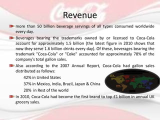 Revenue
more than 50 billion beverage servings of all types consumed worldwide
every day.
Beverages bearing the trademarks owned by or licensed to Coca-Cola
account for approximately 1.5 billion (the latest figure in 2010 shows that
now they serve 1.6 billion drinks every day). Of these, beverages bearing the
trademark "Coca-Cola" or "Coke" accounted for approximately 78% of the
company's total gallon sales.
Also according to the 2007 Annual Report, Coca-Cola had gallon sales
distributed as follows:
42% in United States
37% in Mexico, India, Brazil, Japan & China
20% in Rest of the world
In 2010, Coca-Cola had become the first brand to top £1 billion in annual UK
grocery sales.
 