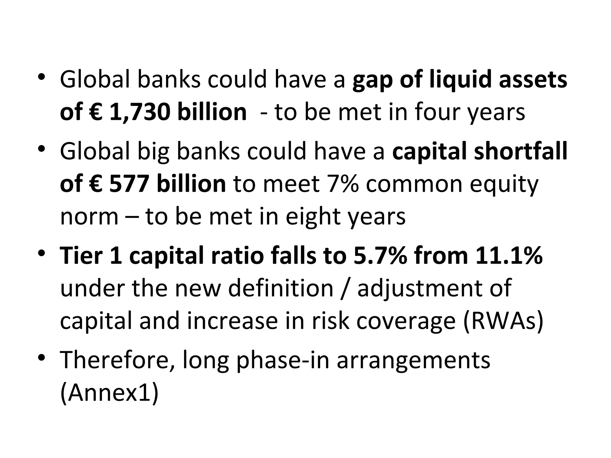 • Global banks could have a gap of liquid assets
of € 1,730 billion - to be met in four years
• Global big banks could have a capital shortfall
of € 577 billion to meet 7% common equity
norm – to be met in eight years
• Tier 1 capital ratio falls to 5.7% from 11.1%
under the new definition / adjustment of
capital and increase in risk coverage (RWAs)
• Therefore, long phase-in arrangements
(Annex1)
 