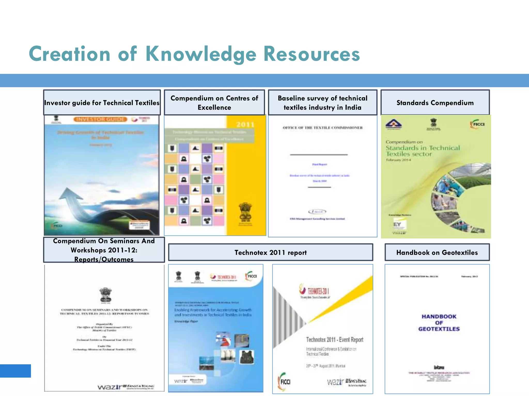 Creation of Knowledge Resources
Handbook on Geotextiles
Investor guide for Technical Textiles
Baseline survey of technical
textiles industry in India
Compendium on Centres of
Excellence
Standards Compendium
Compendium On Seminars And
Workshops 2011-12:
Reports/Outcomes
Technotex 2011 report
 