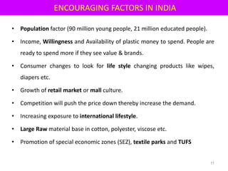 ENCOURAGING FACTORS IN INDIA
• Population factor (90 million young people, 21 million educated people).
• Income, Willingness and Availability of plastic money to spend. People are
ready to spend more if they see value & brands.
• Consumer changes to look for life style changing products like wipes,
diapers etc.
• Growth of retail market or mall culture.
• Competition will push the price down thereby increase the demand.
• Increasing exposure to international lifestyle.
• Large Raw material base in cotton, polyester, viscose etc.
• Promotion of special economic zones (SEZ), textile parks and TUFS
11
 