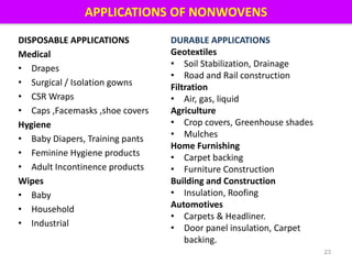 APPLICATIONS OF NONWOVENS
DISPOSABLE APPLICATIONS
Medical
• Drapes
• Surgical / Isolation gowns
• CSR Wraps
• Caps ,Facemasks ,shoe covers
Hygiene
• Baby Diapers, Training pants
• Feminine Hygiene products
• Adult Incontinence products
Wipes
• Baby
• Household
• Industrial
23
DURABLE APPLICATIONS
Geotextiles
• Soil Stabilization, Drainage
• Road and Rail construction
Filtration
• Air, gas, liquid
Agriculture
• Crop covers, Greenhouse shades
• Mulches
Home Furnishing
• Carpet backing
• Furniture Construction
Building and Construction
• Insulation, Roofing
Automotives
• Carpets & Headliner.
• Door panel insulation, Carpet
backing.
 