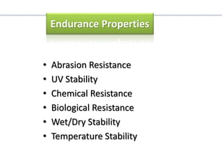 Endurance Properties
• Abrasion Resistance
• UV Stability
• Chemical Resistance
• Biological Resistance
• Wet/Dry Stability
• Temperature Stability
 