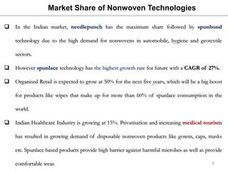 6
 In the Indian market, needlepunch has the maximum share followed by spunbond
technology due to the high demand for nonwovens in automobile, hygiene and geotextile
sectors.
 However spunlace technology has the highest growth rate for future with a CAGR of 27%.
 Organised Retail is expected to grow at 50% for the next five years, which will be a big boost
for products like wipes that make up for more than 60% of spunlace consumption in the
world.
 Indian Healthcare Industry is growing at 15%. Privatisation and increasing medical tourism
has resulted in growing demand of disposable nonwoven products like gowns, caps, masks
etc. Spunlace based products provide high barrier against harmful microbes as well as provide
comfortable wear.
Market Share of Nonwoven Technologies
 