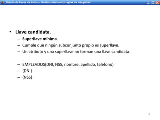 Servicios Web - IntroducciónDiseño de bases de datos – Modelo relacional y reglas de integridad
• Llave candidata.
– Superllave mínima.
– Cumple que ningún subconjunto propio es superllave.
– Un atributo y una superllave no forman una llave candidata.
– EMPLEADOS(DNI, NSS, nombre, apellido, teléfono)
– {DNI}
– {NSS}
12
 