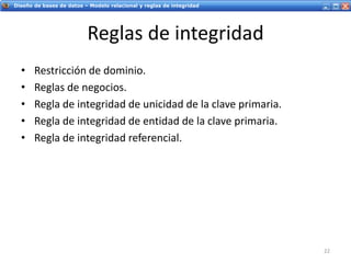 Servicios Web - IntroducciónDiseño de bases de datos – Modelo relacional y reglas de integridad
Reglas de integridad
• Restricción de dominio.
• Reglas de negocios.
• Regla de integridad de unicidad de la clave primaria.
• Regla de integridad de entidad de la clave primaria.
• Regla de integridad referencial.
22
 