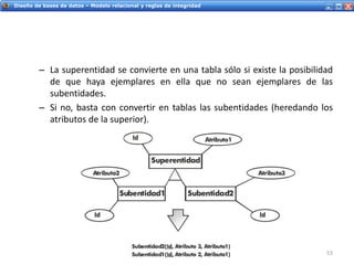 Servicios Web - IntroducciónDiseño de bases de datos – Modelo relacional y reglas de integridad
– La superentidad se convierte en una tabla sólo si existe la posibilidad
de que haya ejemplares en ella que no sean ejemplares de las
subentidades.
– Si no, basta con convertir en tablas las subentidades (heredando los
atributos de la superior).
53
 