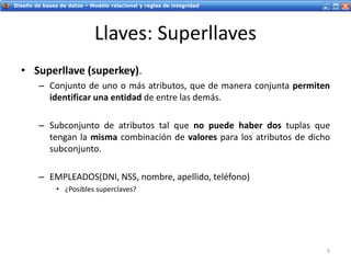 Servicios Web - IntroducciónDiseño de bases de datos – Modelo relacional y reglas de integridad
Llaves: Superllaves
• Superllave (superkey).
– Conjunto de uno o más atributos, que de manera conjunta permiten
identificar una entidad de entre las demás.
– Subconjunto de atributos tal que no puede haber dos tuplas que
tengan la misma combinación de valores para los atributos de dicho
subconjunto.
– EMPLEADOS(DNI, NSS, nombre, apellido, teléfono)
• ¿Posibles superclaves?
9
 